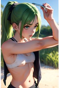 anime,skinny,small tits,50s age,serious face,green hair,ponytail hair style,light skin,film photo,meadow,close-up view,yoga,schoolgirl