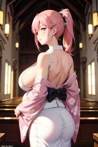 anime,pregnant,huge boobs,30s age,sad face,pink hair,ponytail hair style,light skin,illustration,church,back view,massage,kimono