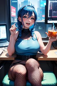 anime,chubby,small tits,30s age,laughing face,blue hair,braided hair style,light skin,cyberpunk,office,close-up view,eating,fishnet