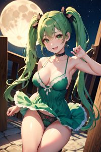 anime,busty,small tits,50s age,happy face,green hair,pigtails hair style,dark skin,soft + warm,moon,close-up view,jumping,lingerie