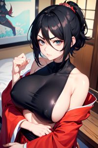 anime,skinny,huge boobs,20s age,angry face,black hair,pixie hair style,light skin,watercolor,bedroom,front view,t-pose,kimono