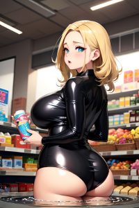 anime,chubby,huge boobs,18 age,shocked face,blonde,slicked hair style,dark skin,charcoal,grocery,back view,bathing,latex