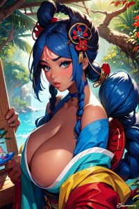 anime,skinny,huge boobs,60s age,pouting lips face,blue hair,braided hair style,dark skin,painting,jungle,front view,eating,geisha
