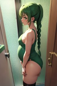 anime,pregnant,small tits,18 age,sad face,green hair,braided hair style,light skin,3d,bathroom,back view,cumshot,stockings