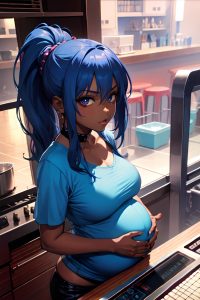 anime,pregnant,small tits,80s age,seductive face,blue hair,ponytail hair style,dark skin,cyberpunk,bar,close-up view,cooking,goth