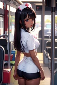anime,busty,small tits,60s age,pouting lips face,brunette,bangs hair style,dark skin,cyberpunk,bus,back view,cumshot,nurse
