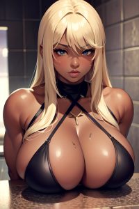 anime,muscular,huge boobs,70s age,pouting lips face,blonde,straight hair style,dark skin,skin detail (beta),shower,close-up view,gaming,goth