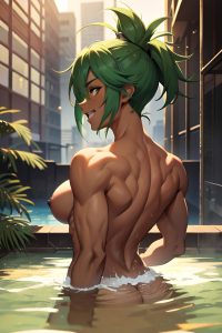 anime,muscular,small tits,20s age,laughing face,green hair,messy hair style,dark skin,cyberpunk,party,back view,bathing,partially nude