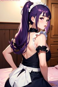 anime,chubby,small tits,70s age,pouting lips face,purple hair,ponytail hair style,light skin,dark fantasy,party,back view,cumshot,maid