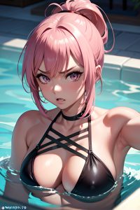 anime,muscular,small tits,60s age,angry face,pink hair,bangs hair style,dark skin,dark fantasy,hot tub,close-up view,plank,lingerie
