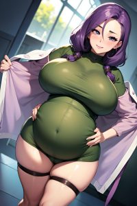 anime,pregnant,huge boobs,70s age,happy face,purple hair,slicked hair style,light skin,soft + warm,prison,front view,bending over,goth