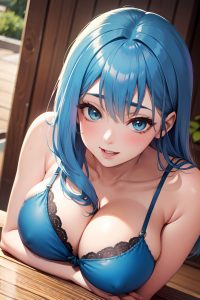 anime,skinny,huge boobs,50s age,laughing face,blue hair,straight hair style,dark skin,soft + warm,bar,close-up view,plank,bra
