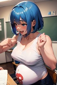 anime,pregnant,small tits,40s age,laughing face,blue hair,bangs hair style,dark skin,warm anime,snow,front view,working out,teacher