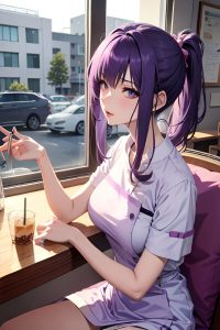 anime,skinny,small tits,60s age,ahegao face,purple hair,messy hair style,light skin,watercolor,cafe,side view,bathing,nurse