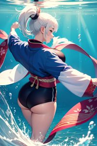 anime,chubby,small tits,60s age,happy face,white hair,ponytail hair style,light skin,warm anime,underwater,back view,working out,kimono