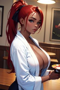 anime,muscular,huge boobs,30s age,pouting lips face,ginger,ponytail hair style,dark skin,painting,restaurant,front view,t-pose,bathrobe