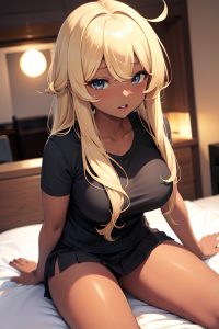 anime,chubby,small tits,18 age,seductive face,blonde,messy hair style,dark skin,crisp anime,club,front view,straddling,mini skirt