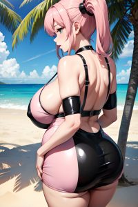 anime,pregnant,huge boobs,50s age,shocked face,pink hair,pigtails hair style,light skin,dark fantasy,beach,back view,sleeping,latex