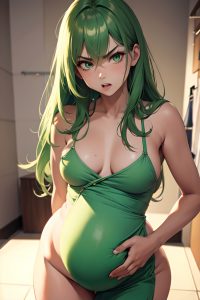 anime,pregnant,small tits,50s age,angry face,green hair,messy hair style,light skin,skin detail (beta),changing room,close-up view,gaming,partially nude