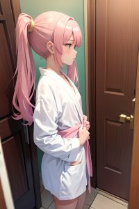 anime,skinny,small tits,18 age,sad face,pink hair,pigtails hair style,light skin,painting,bathroom,side view,working out,bathrobe
