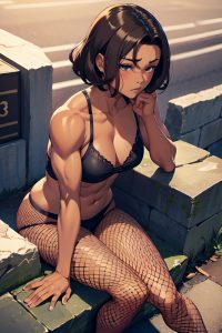 anime,muscular,small tits,40s age,sad face,brunette,pixie hair style,dark skin,comic,street,front view,sleeping,fishnet
