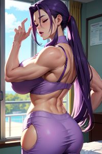 anime,muscular,huge boobs,80s age,ahegao face,purple hair,slicked hair style,light skin,soft anime,hospital,back view,sleeping,nurse