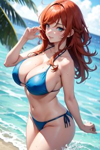 anime,busty,huge boobs,30s age,seductive face,ginger,messy hair style,light skin,watercolor,shower,front view,bathing,bikini