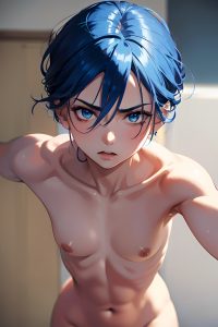 anime,skinny,small tits,20s age,angry face,blue hair,slicked hair style,dark skin,crisp anime,oasis,close-up view,working out,nude