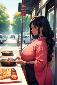 anime,chubby,huge boobs,20s age,angry face,black hair,braided hair style,dark skin,watercolor,bus,side view,cooking,kimono