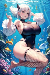 anime,chubby,huge boobs,60s age,happy face,white hair,pixie hair style,light skin,illustration,underwater,front view,jumping,fishnet