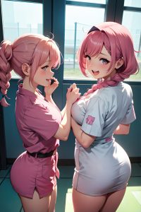 anime,chubby,small tits,30s age,laughing face,pink hair,braided hair style,light skin,illustration,prison,back view,t-pose,nurse