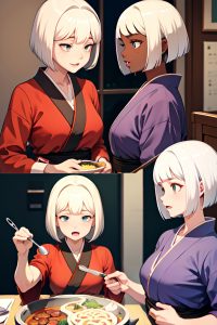 anime,muscular,small tits,40s age,ahegao face,white hair,bobcut hair style,dark skin,comic,office,side view,cooking,kimono