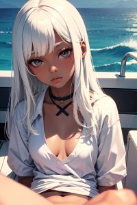 anime,skinny,small tits,70s age,pouting lips face,white hair,bangs hair style,dark skin,illustration,yacht,close-up view,straddling,schoolgirl