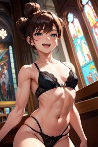 anime,muscular,small tits,18 age,laughing face,brunette,hair bun hair style,light skin,soft + warm,church,front view,gaming,lingerie