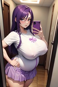 anime,pregnant,huge boobs,40s age,angry face,purple hair,straight hair style,light skin,mirror selfie,hospital,front view,t-pose,mini skirt
