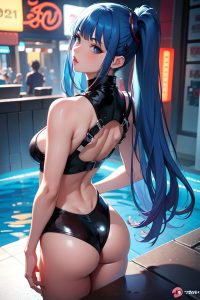 anime,busty,small tits,20s age,pouting lips face,blue hair,bangs hair style,light skin,cyberpunk,bar,back view,bathing,latex