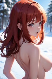 anime,busty,small tits,70s age,seductive face,ginger,bangs hair style,dark skin,skin detail (beta),snow,back view,cumshot,partially nude