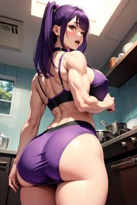 anime,muscular,huge boobs,50s age,orgasm face,purple hair,bangs hair style,light skin,skin detail (beta),kitchen,back view,spreading legs,mini skirt