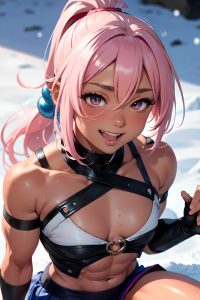 anime,muscular,small tits,50s age,laughing face,pink hair,ponytail hair style,dark skin,skin detail (beta),snow,close-up view,straddling,mini skirt