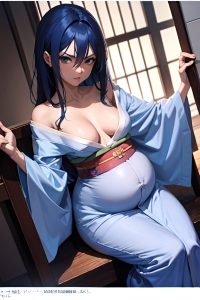 anime,pregnant,small tits,30s age,angry face,blue hair,straight hair style,dark skin,film photo,hospital,close-up view,spreading legs,kimono