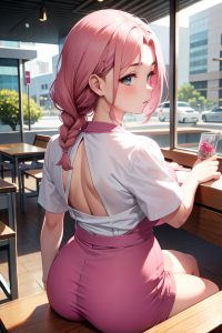 anime,chubby,small tits,30s age,serious face,pink hair,braided hair style,light skin,soft + warm,mall,back view,straddling,teacher