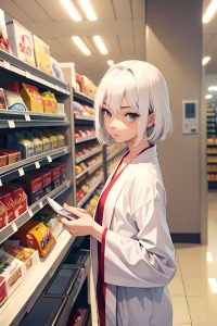 anime,skinny,small tits,50s age,serious face,white hair,straight hair style,light skin,warm anime,grocery,side view,bathing,bathrobe