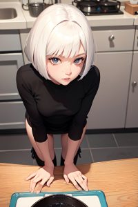 anime,skinny,small tits,18 age,happy face,white hair,bobcut hair style,light skin,charcoal,kitchen,close-up view,bending over,teacher