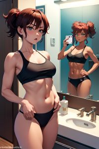 anime,busty,small tits,50s age,angry face,ginger,messy hair style,dark skin,mirror selfie,pool,side view,working out,bra