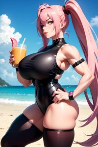 anime,muscular,huge boobs,30s age,pouting lips face,pink hair,pigtails hair style,light skin,cyberpunk,beach,front view,eating,goth