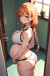 anime,pregnant,small tits,20s age,serious face,ginger,braided hair style,light skin,warm anime,bathroom,back view,working out,teacher
