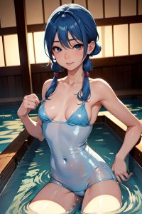 anime,skinny,small tits,30s age,ahegao face,blue hair,pigtails hair style,dark skin,soft + warm,onsen,front view,spreading legs,latex