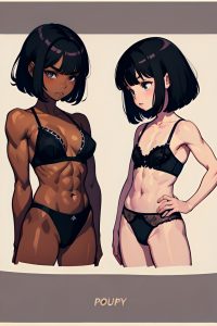 anime,muscular,small tits,80s age,pouting lips face,black hair,bangs hair style,dark skin,illustration,party,back view,plank,lingerie