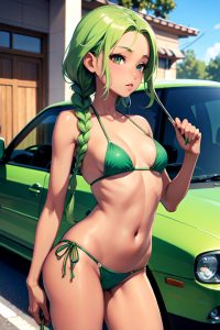 anime,skinny,small tits,40s age,pouting lips face,green hair,braided hair style,dark skin,illustration,car,side view,t-pose,bikini