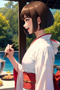 anime,muscular,small tits,60s age,laughing face,brunette,bobcut hair style,dark skin,film photo,oasis,side view,cooking,kimono
